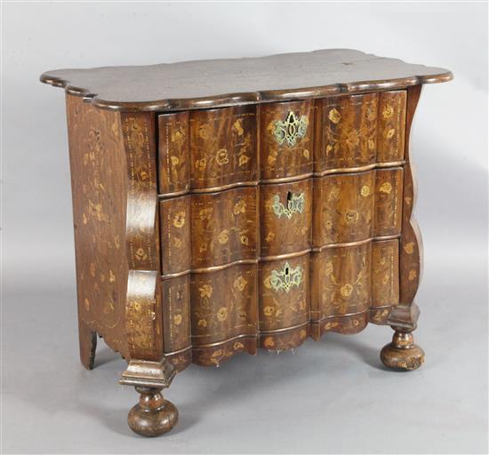 An early 19th century Dutch walnut and marquetry serpentine chest, W.3ft D.1ft 9in. H.2ft 7in.